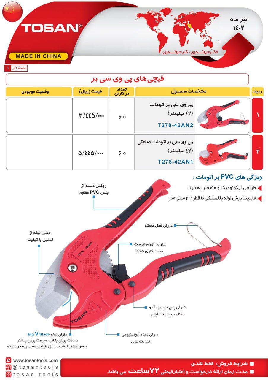 لیست قیمت قیچی‌های پی وی سی بر Tosan