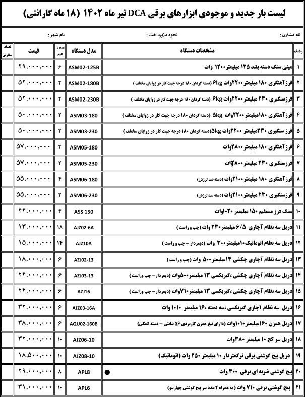 لیست موجودی دی سی ای 