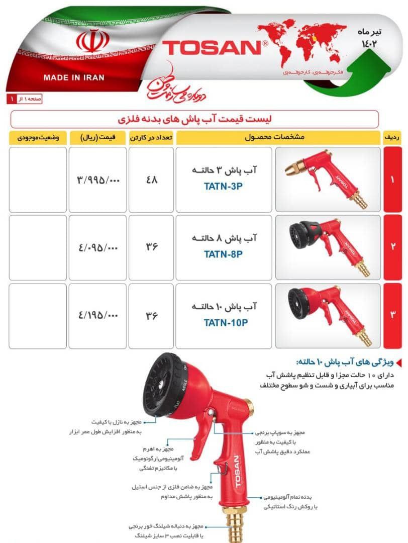 لیست قیمت ابپاش فلزی مارک توسن