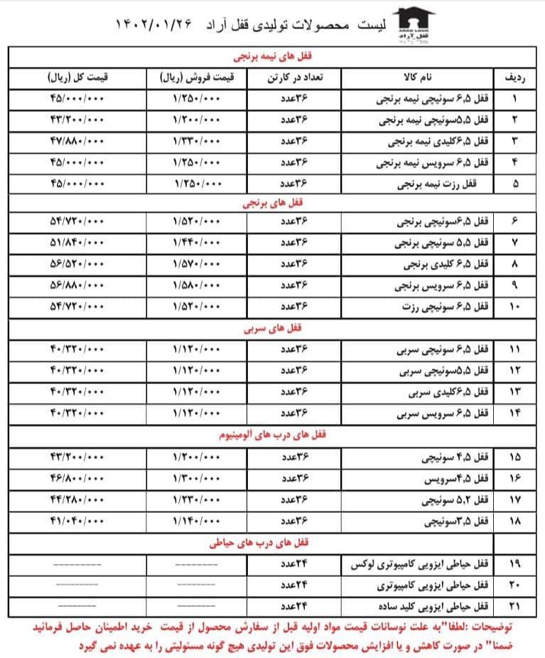 ⭐️لیست قیمت قفل های آراد⭐️ همراه با درصد تخفیف کانال واتس اپ: https://chat.whatsapp.com/HdUWXqMLvJhI