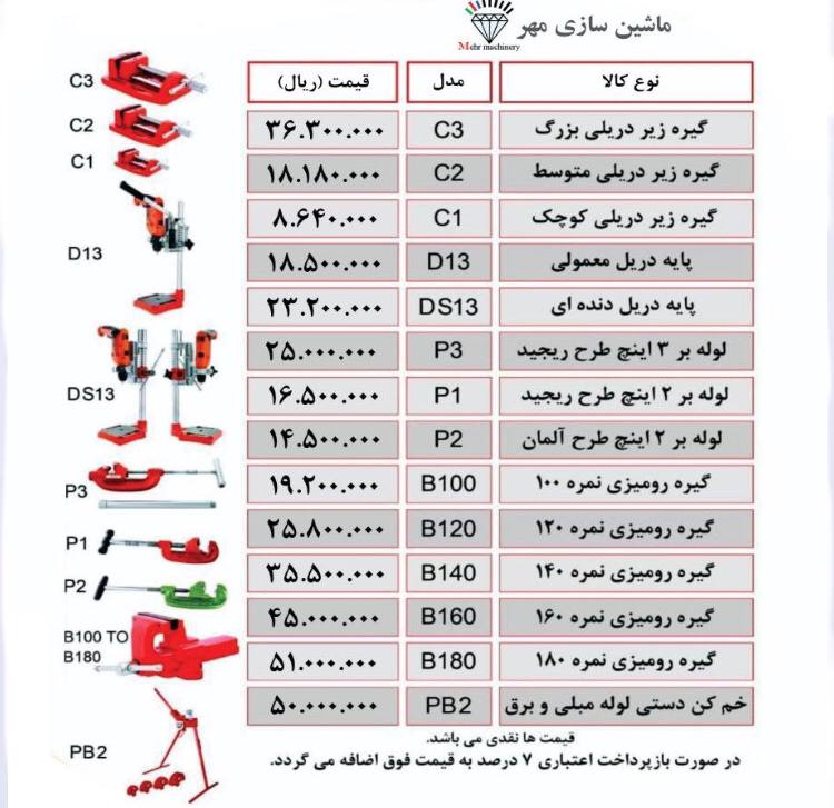 لیست قیمت محصولات ماشین سازی مهر