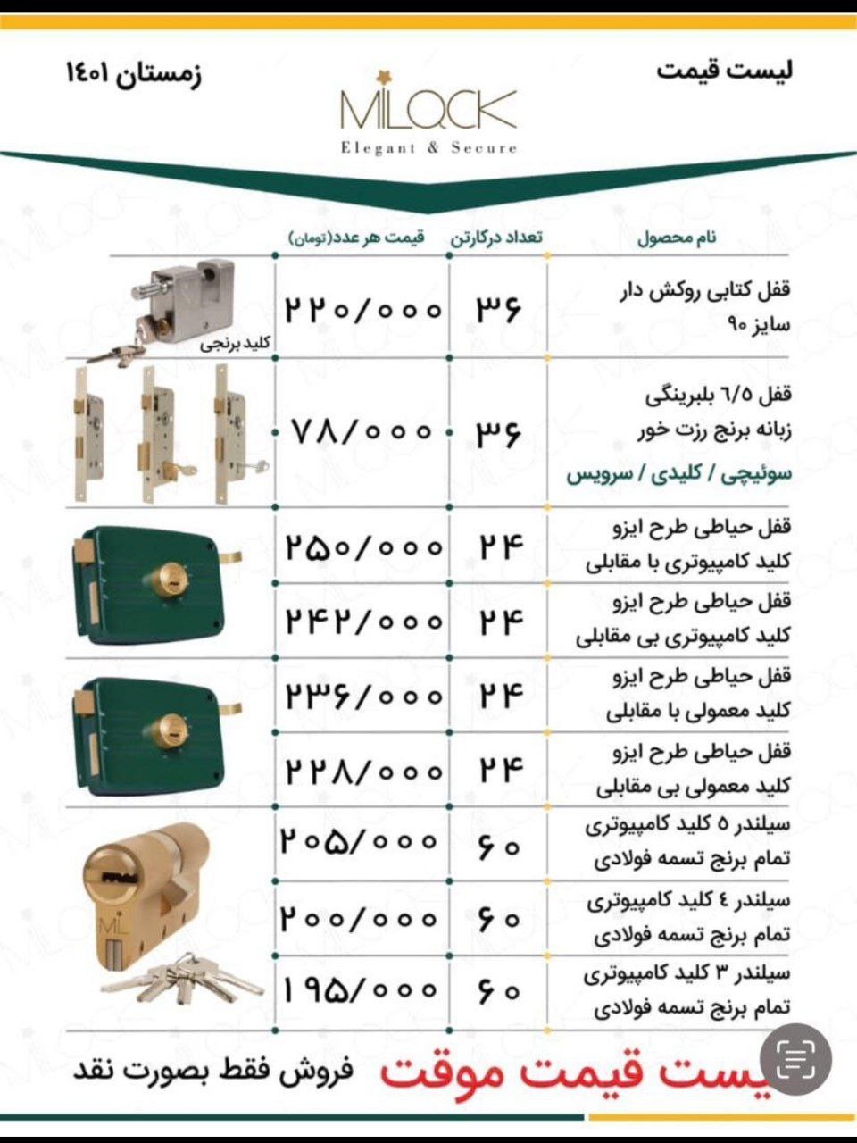 لیست قیمت محصولات میلاک