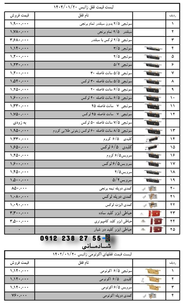 . ⭐️لیست قیمت محصولات شرکت زانیس-ZANIS⭐️ قفل های سویچی-کلیدی-سرویس ۲/۵-۳/۵-۴/۵-۵/۲-۵/۵-۶/۵ قفل کمدی 