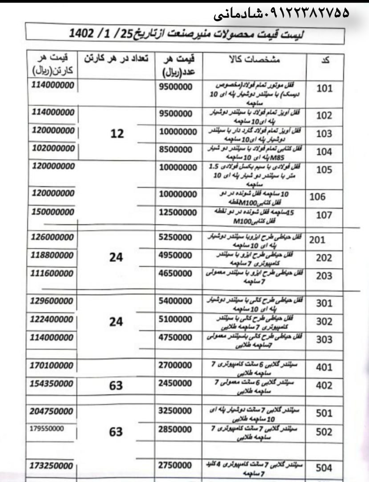 . ⭐️لیست قیمت محصولات شرکت منیر صنعت ⭐️ قفل های کتابی تمام فولاد۱۰ساچمه و ۱۵ساچمه قفل آویز تمام فولا