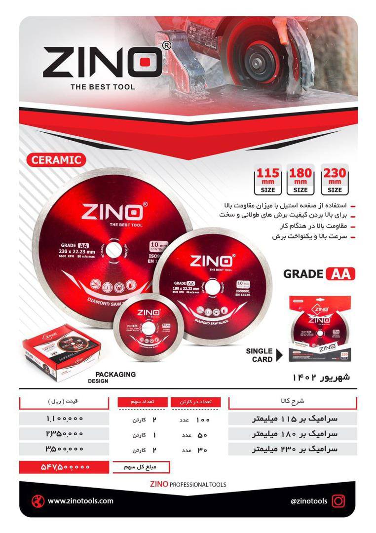 لیست قیمت سراميك بر هاي حرفه ايي ZINO 