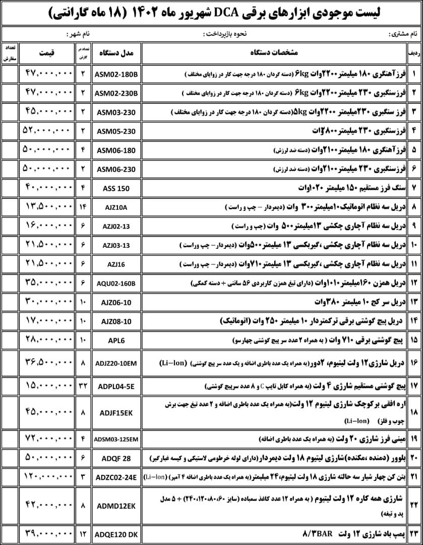لیست موجودی ابزارهای دی سی ای 
