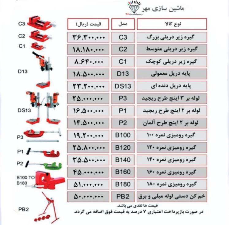 لیست قیمت محصولات ماشین سازی مهر