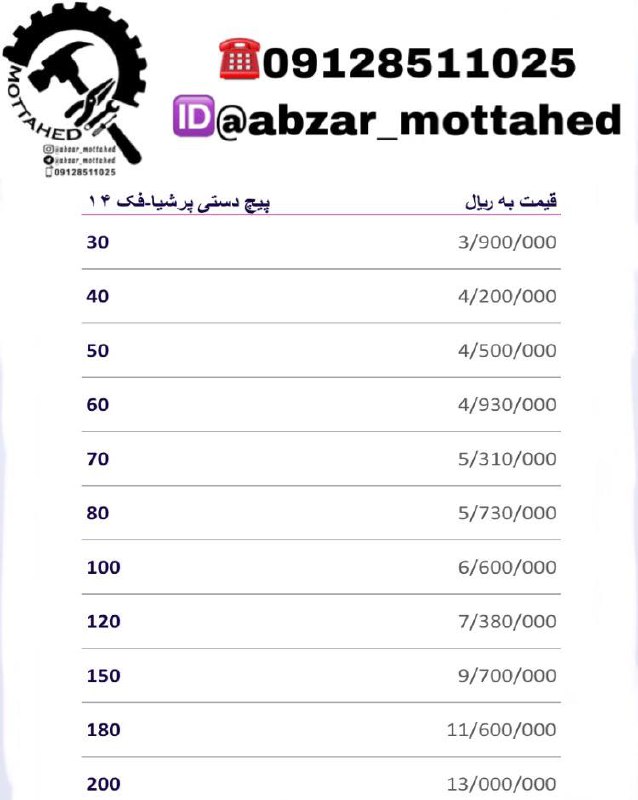 لیست قیمت پیچ دستی‌نجاری‌پرشیا