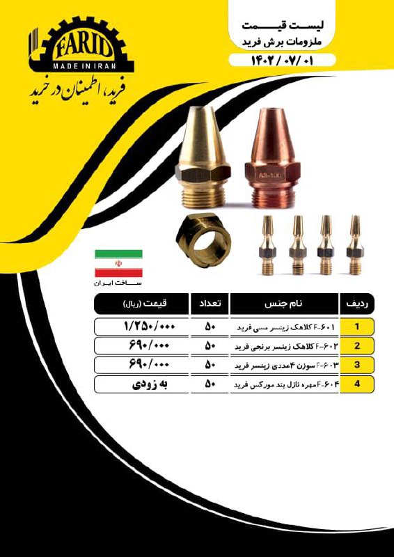 لیست قیمت کلاهک برش فرید