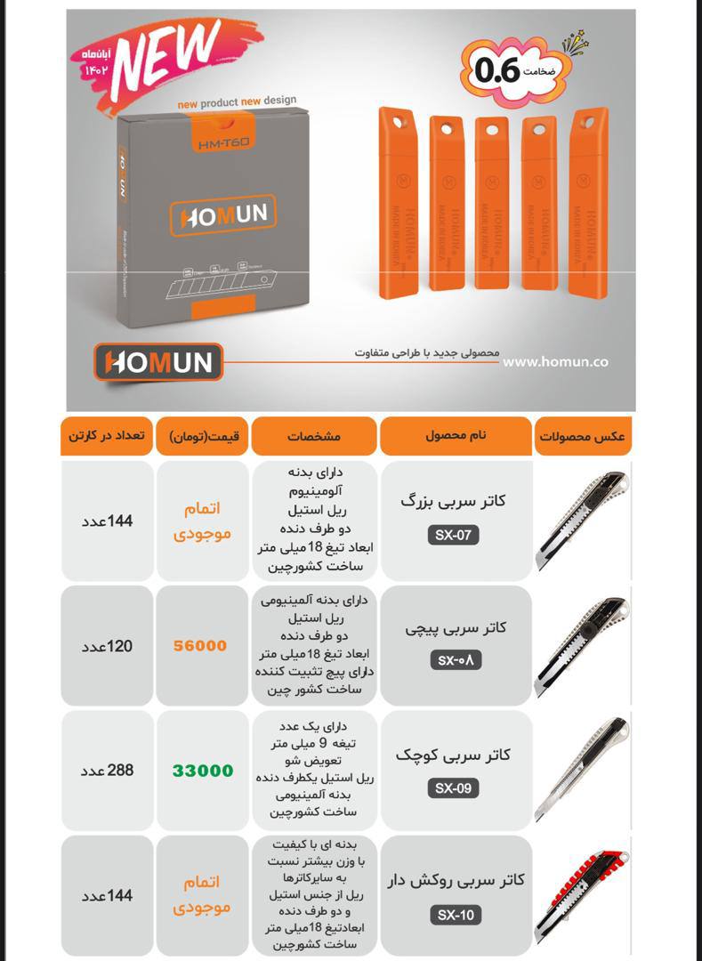  لیست قیمت تیغ و کاتر هومان
