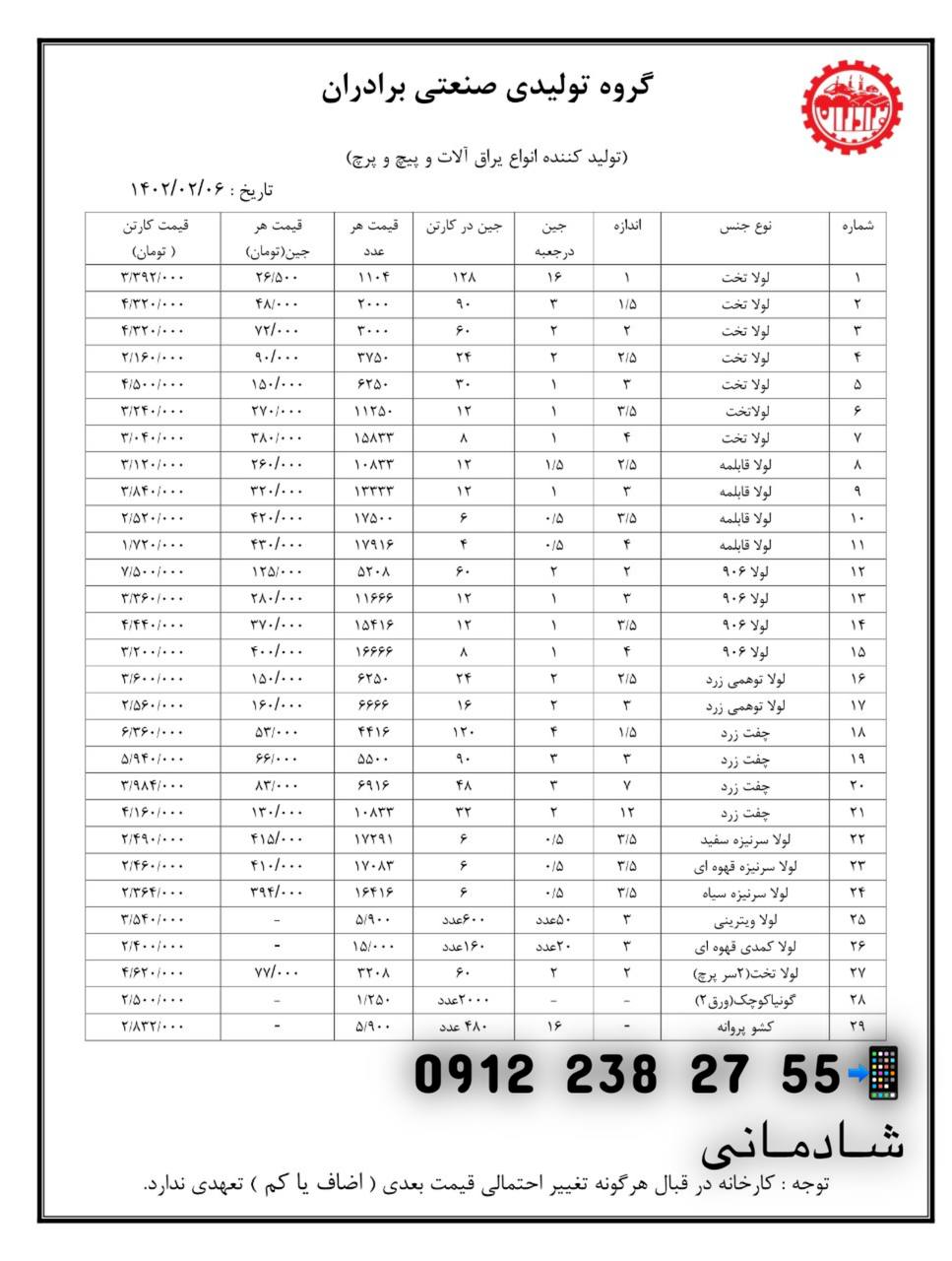  ⭐️لیست قیمت محصولات شرکت برادران⭐️ لولا تخت(سایز۱-۱/۵-۲-۲/۵-۳-۳/۵-۴) لولا قابلمه(سایز۲/۵-۳-۳/۵-۴) ل