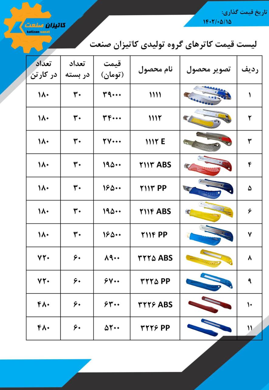  لیست قیمت کاترهای فلزی و پلاستیکی کاتیزان صنعت