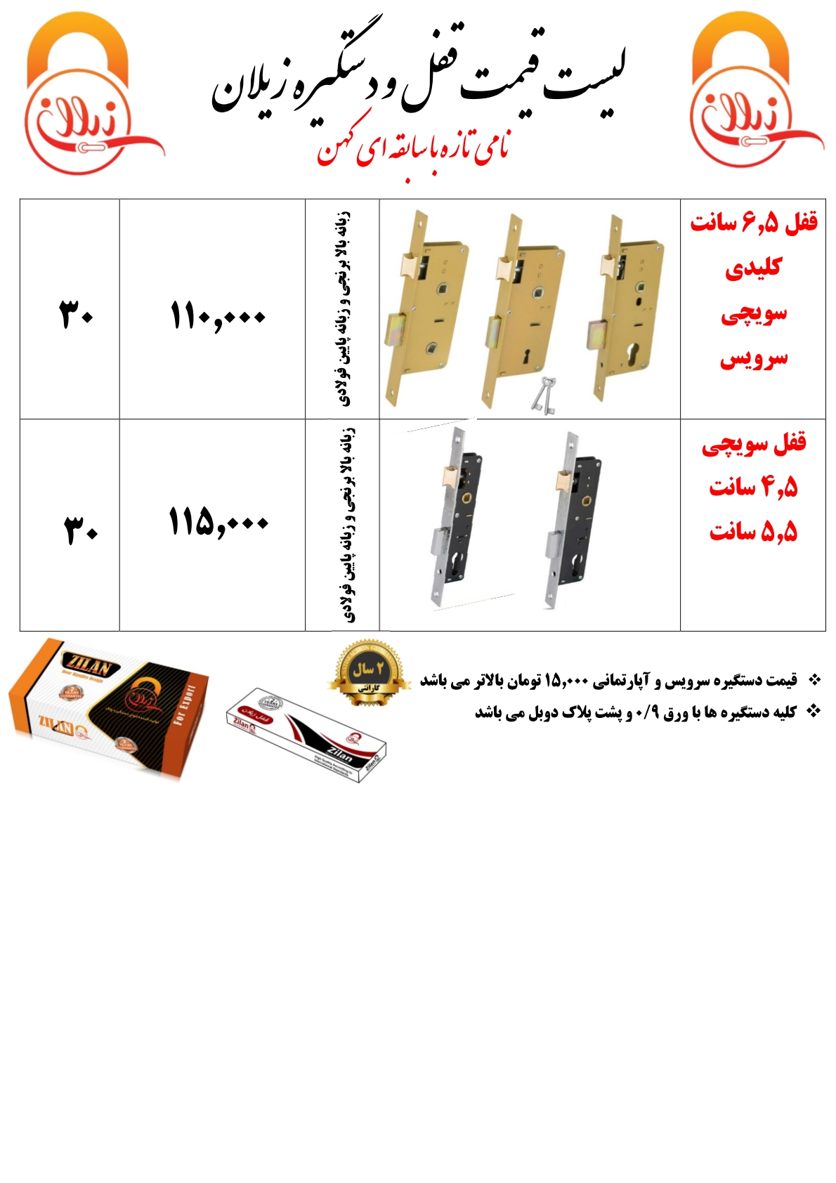 لیست قیمت دستگیره زیلان