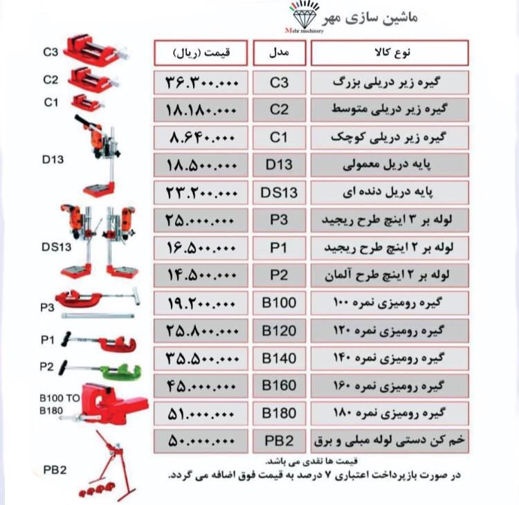 لیست قیمت محصولات ماشین سازی مهر
