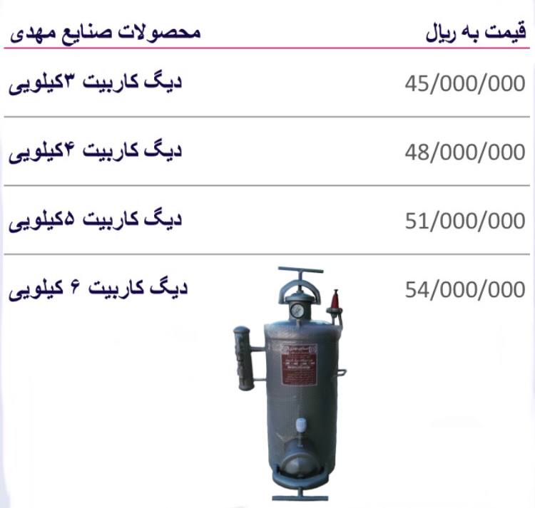 لیست قیمت دیگ کاربیت صنایع مهدی