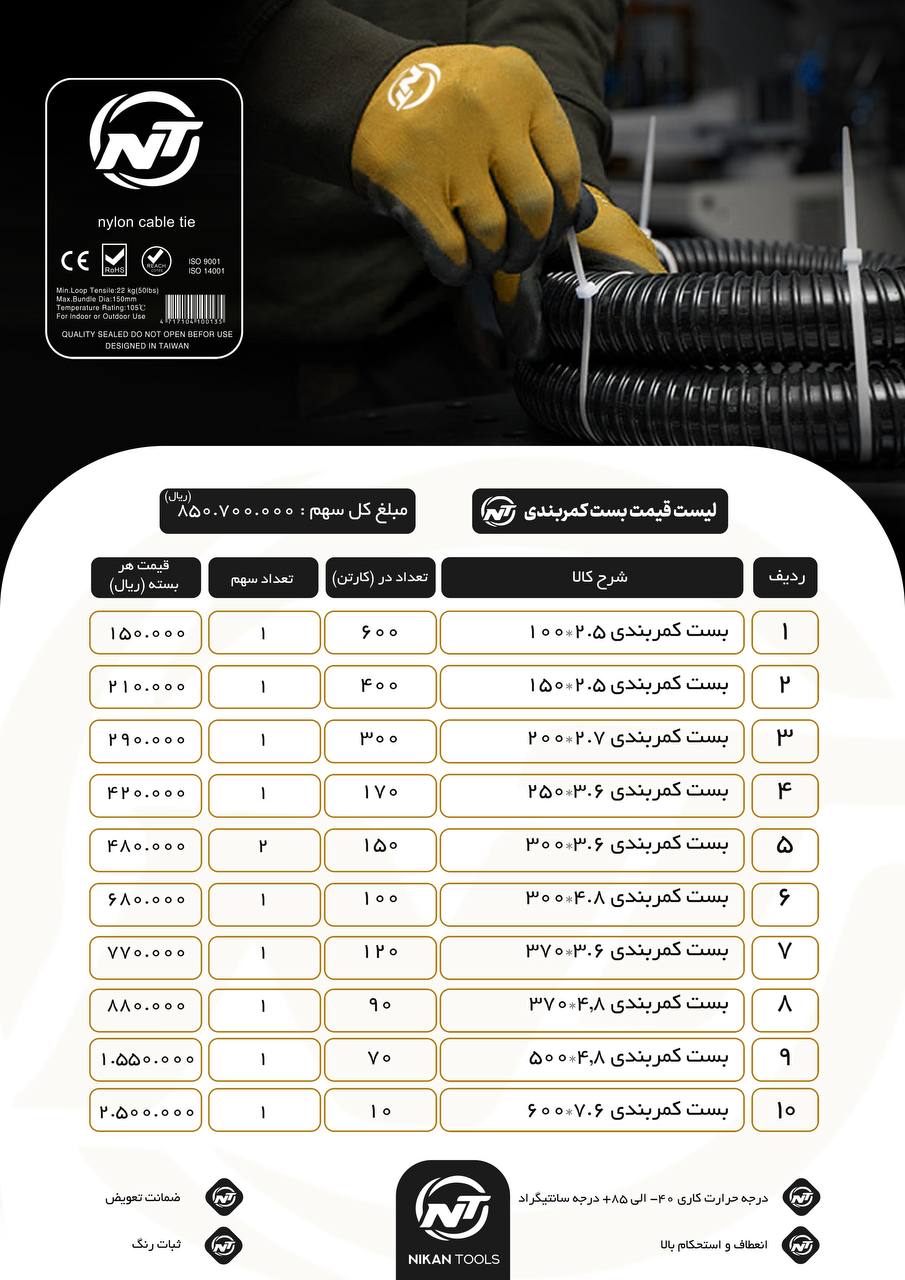 فروش ويژه بست كمربندي NT تنها وارد كننده برند NT در ايران بست كمربندي از سايز ١٠cm ال 6٠cm كيفيت بال