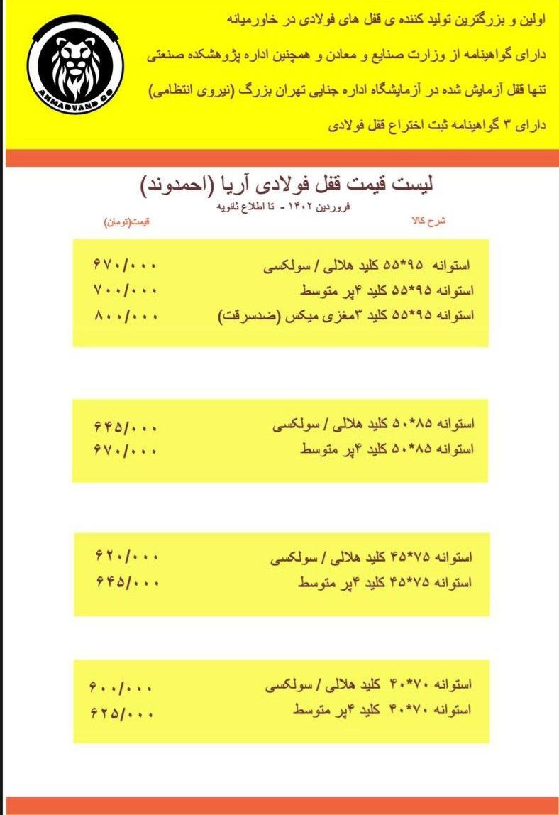لیست قیمت محصولات قفل آریا