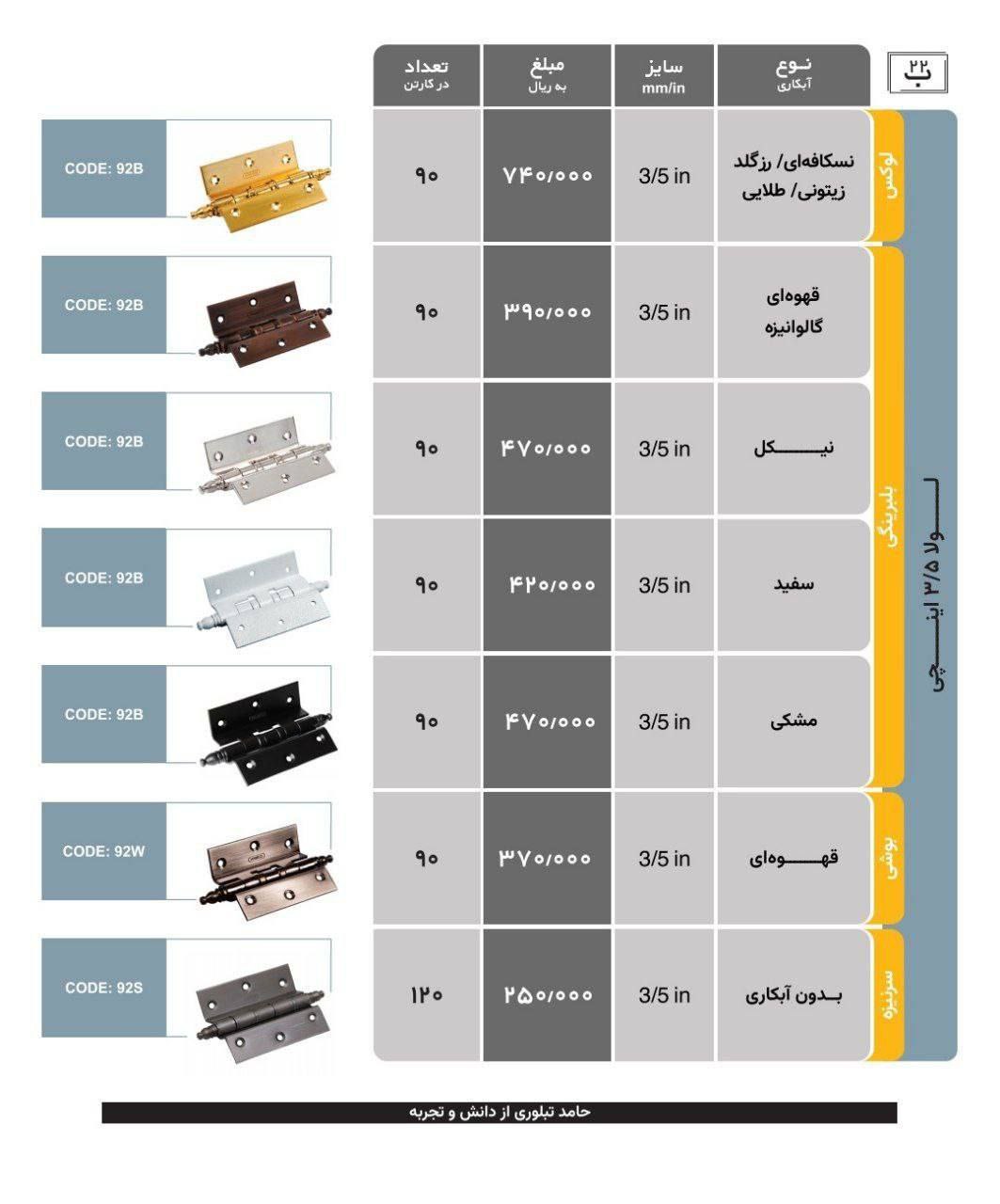 لیست قیمت محصولات حامد 