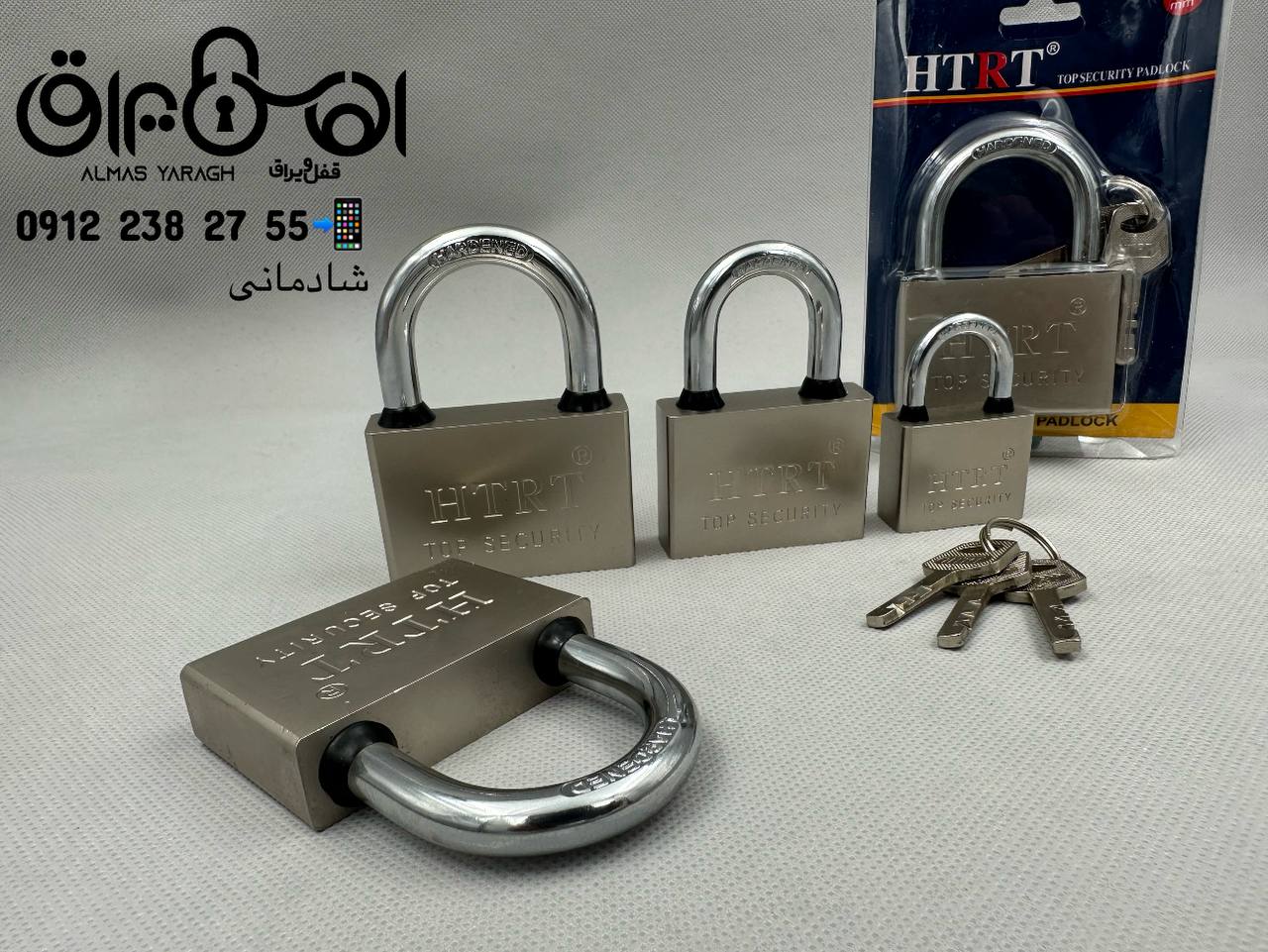  ⭐️ قفل آویز فولادی HTRT ⭐️ کلید سولکسی،دوطرف واشر،کیفیت درجه۱،بسته بندی وکیوم سایز۴۰(کارتن۹۶عدد) سا