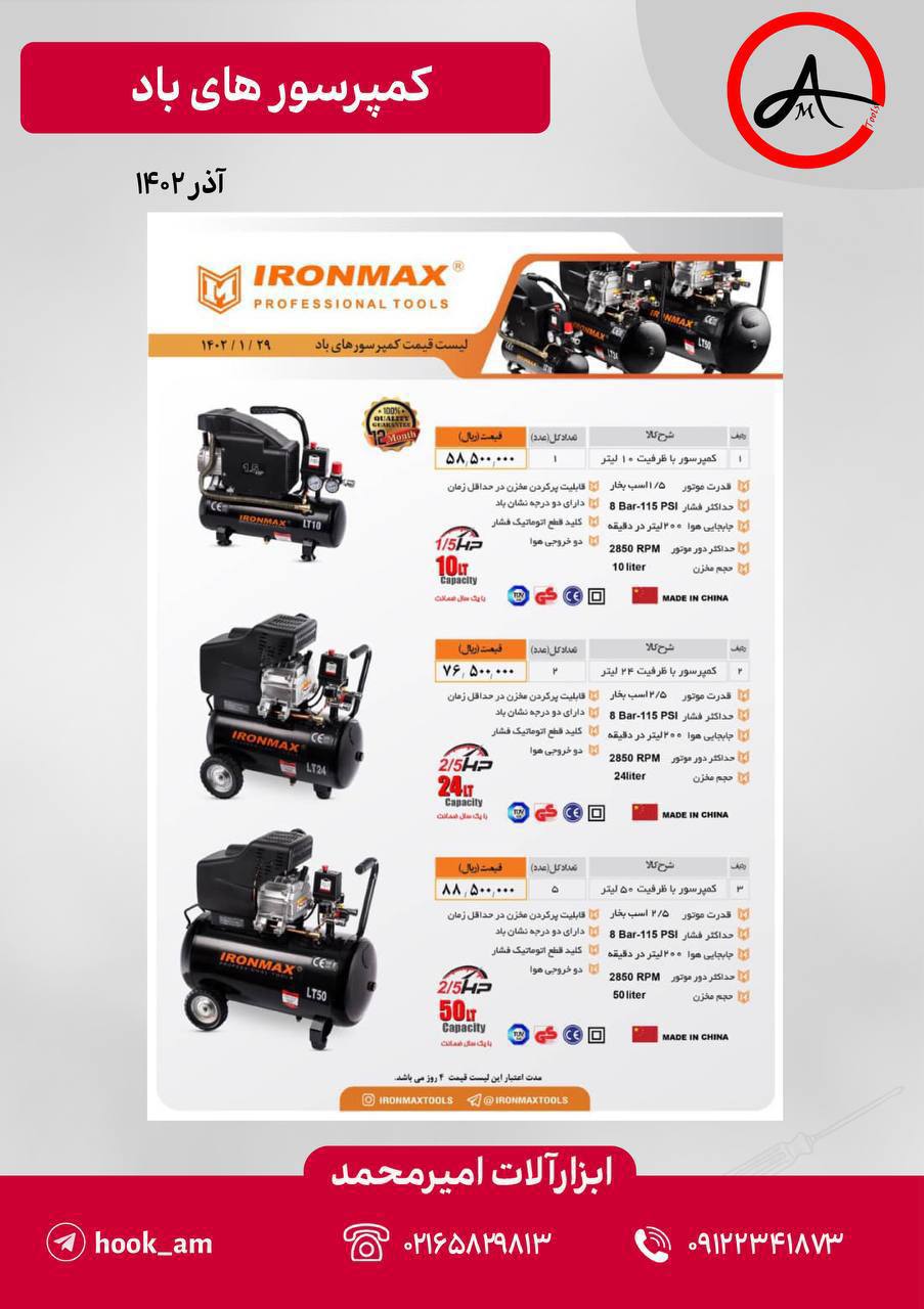 لیست قیمت محصولات آیرون مکس