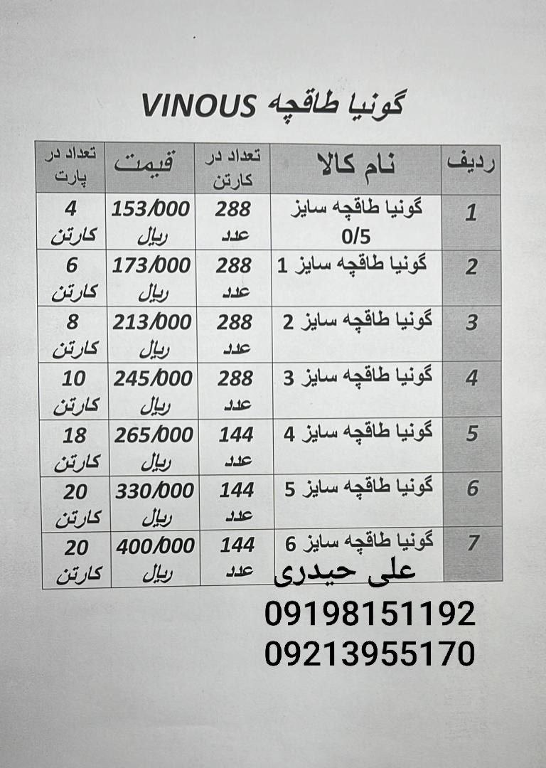 لیست قیمت گونیا طاقچه