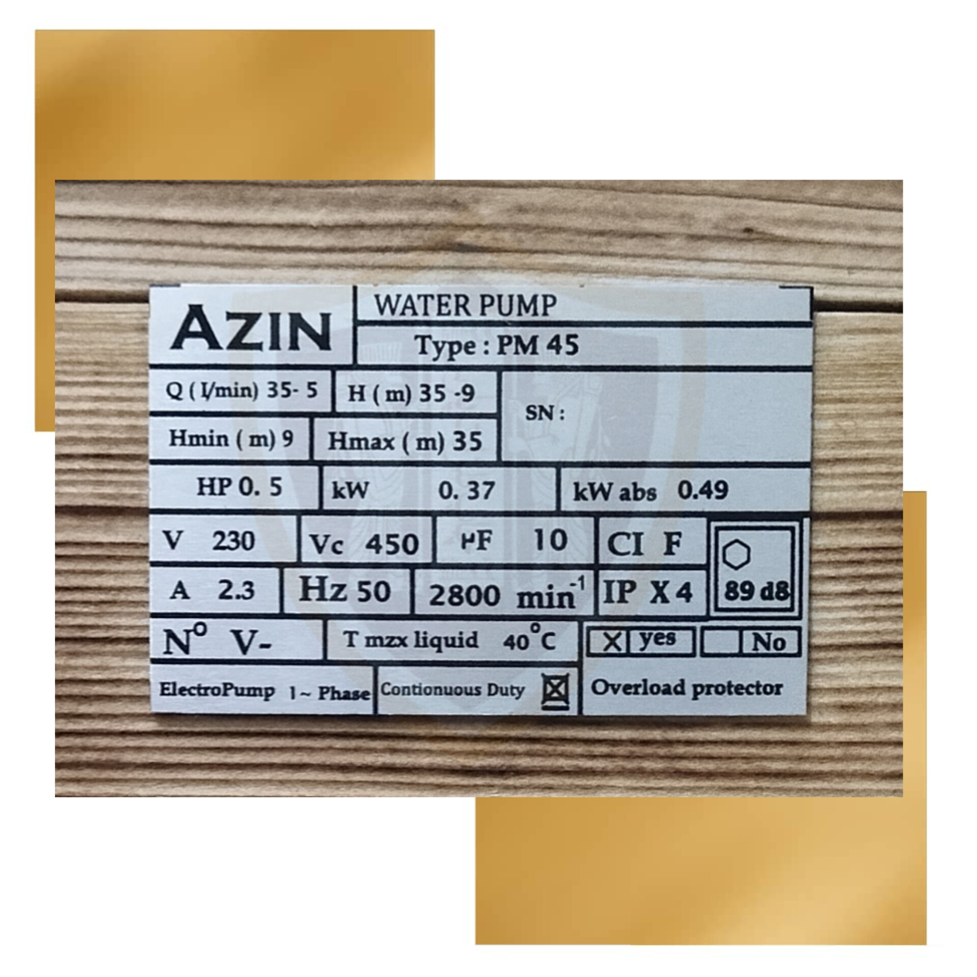 پلاک مشخصات پمپ