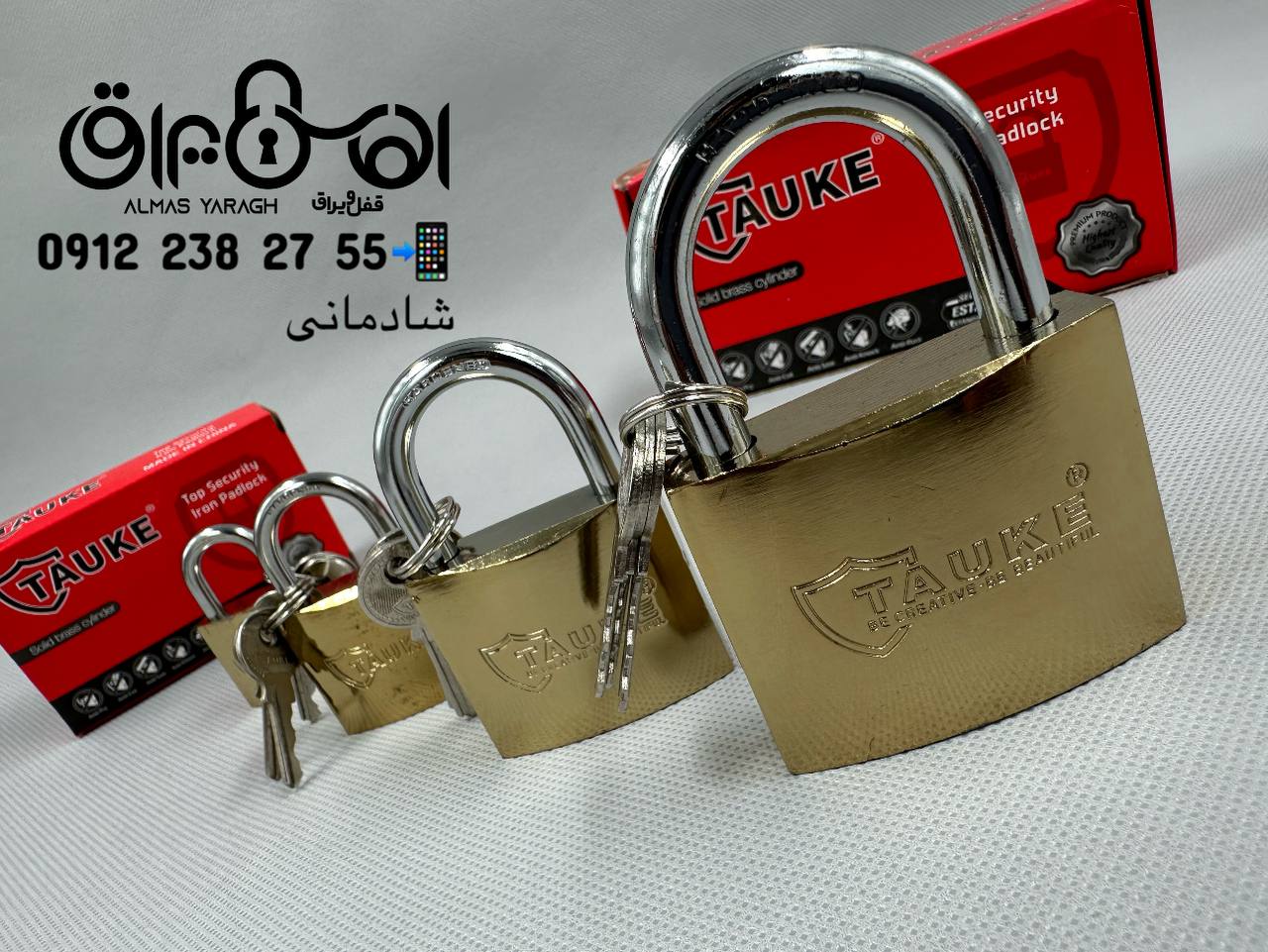  ⭐️ قفل آویز طلایی TAUKE⭐️ مغزی سرب-میله ضخیم-سنگین سایز۲۰-۲۵-۳۲-۳۸-۵۰-۶۳-۷۵ کانال واتس اپ: https://