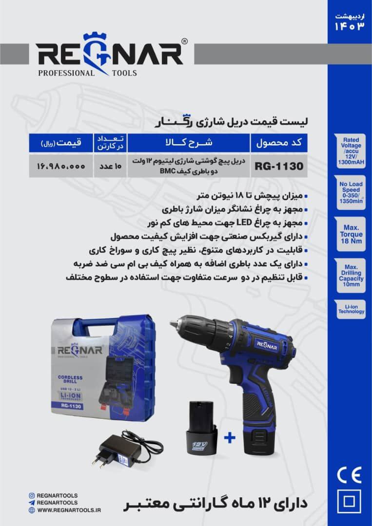 دریل شارژی ۲باطری رگنار 