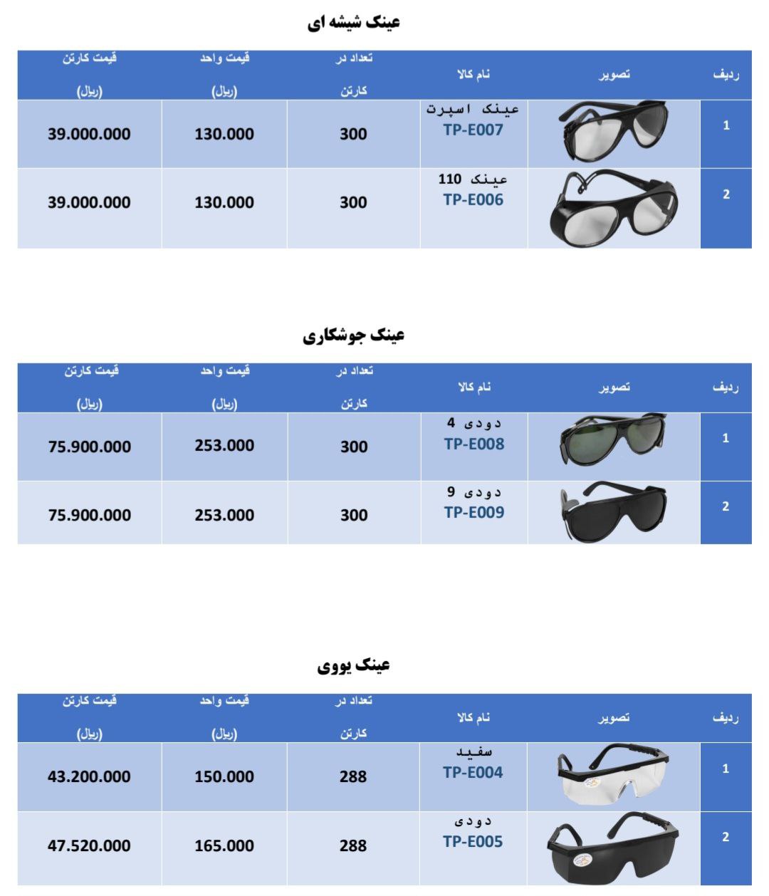 لیست قیمت عینک های جوشکاری و برشکاری و ایمنی تک پلاست⭐️⭐️⭐️ 