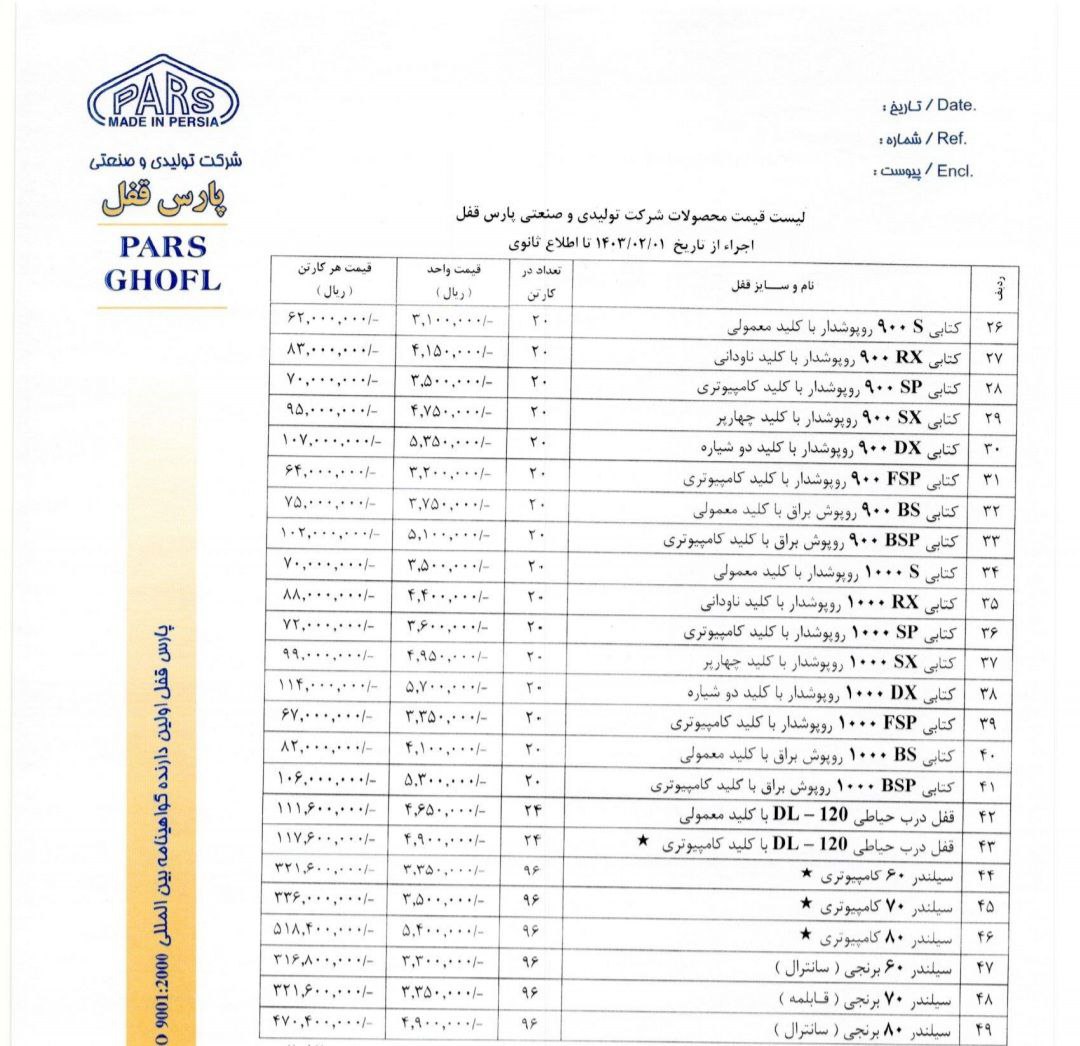 لیست محصولات گروه صنعتی پارس قفل