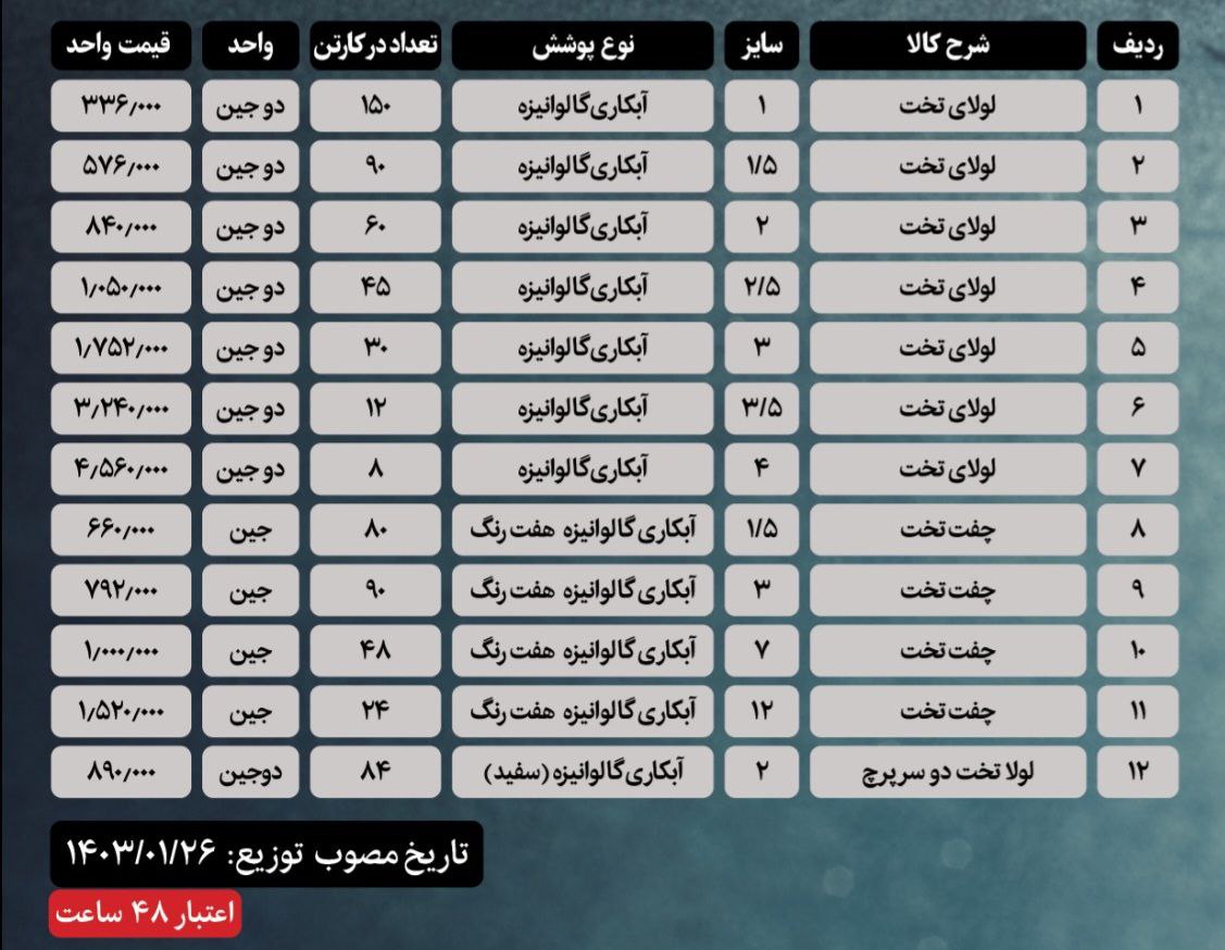 لیست قیمت جدید لولا تخت حدید