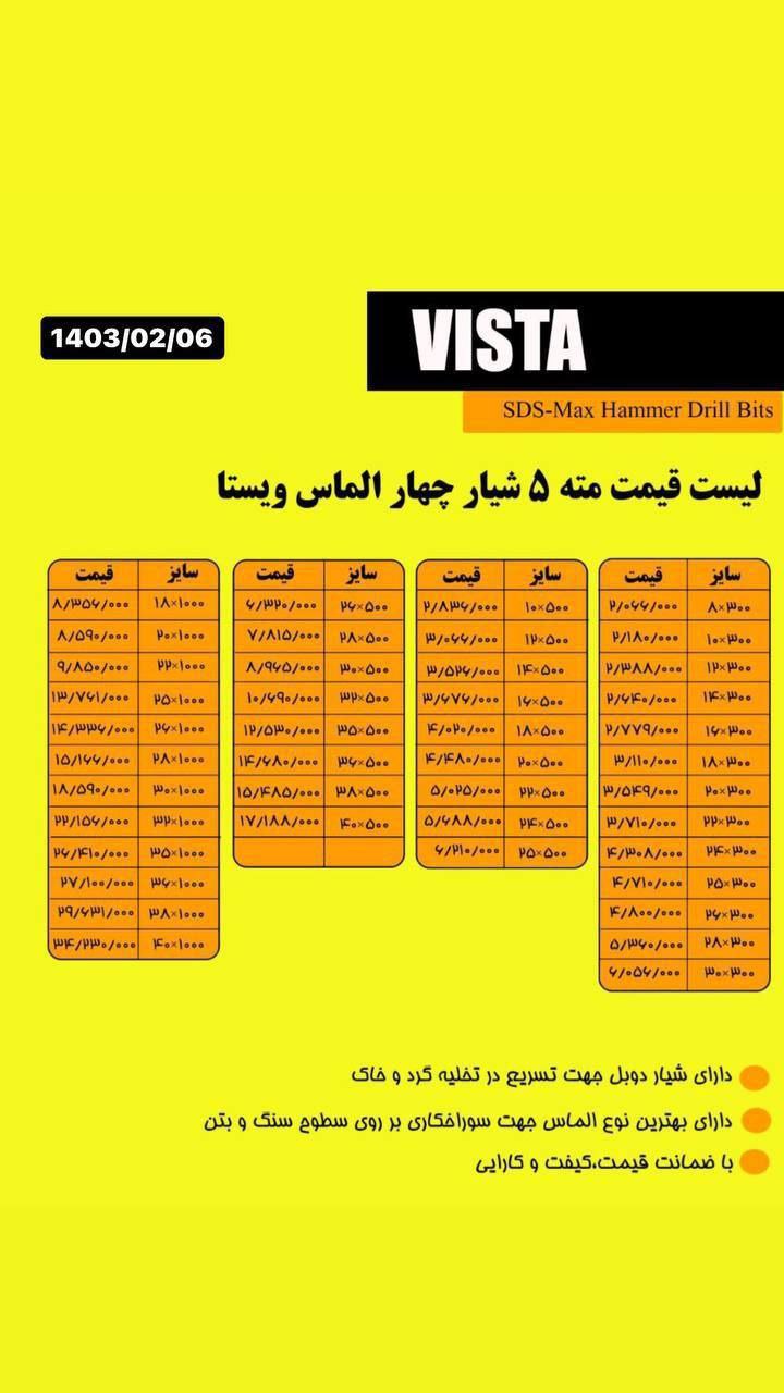 #لیست قیمت مته ۵ شیار چهار الماس ویستا 