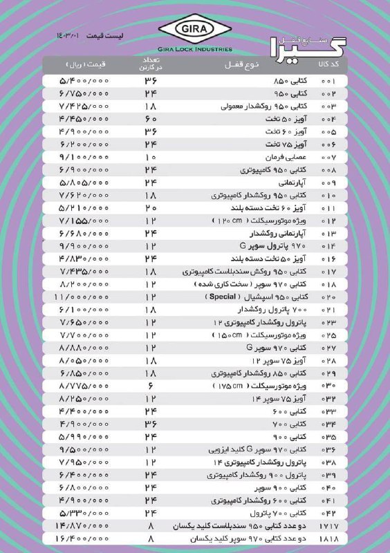 #لیست_قیمت محصولات #گیرا