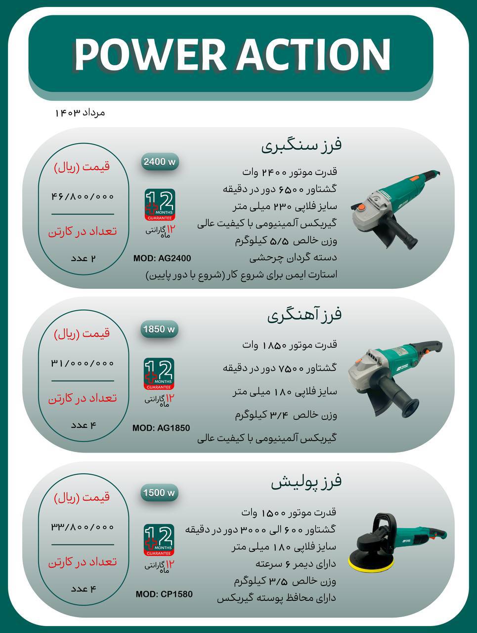 لیست قیمت محصولات پاور اکشن