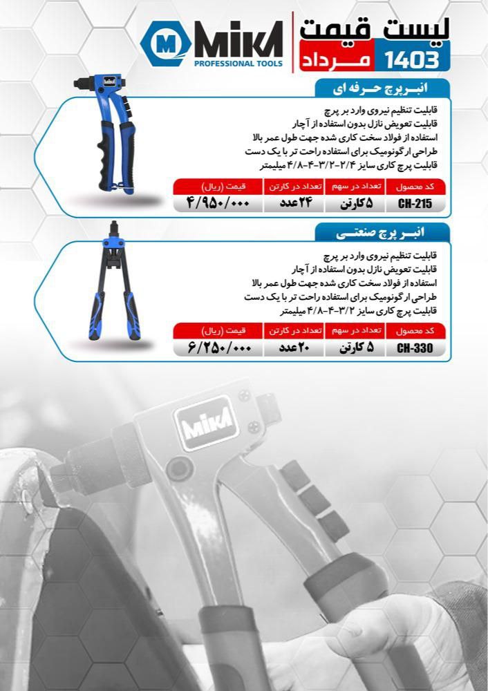 انبر پرچ صنعتی و حرفه ای میکا ساخت چین موجود میباشد