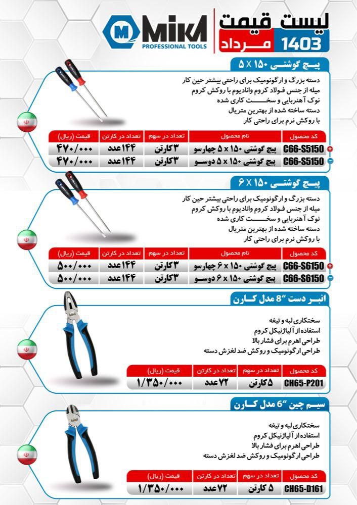 سیم چین ۶ و انبردست ۸ میکا ساخت ایران موجود میباشد 