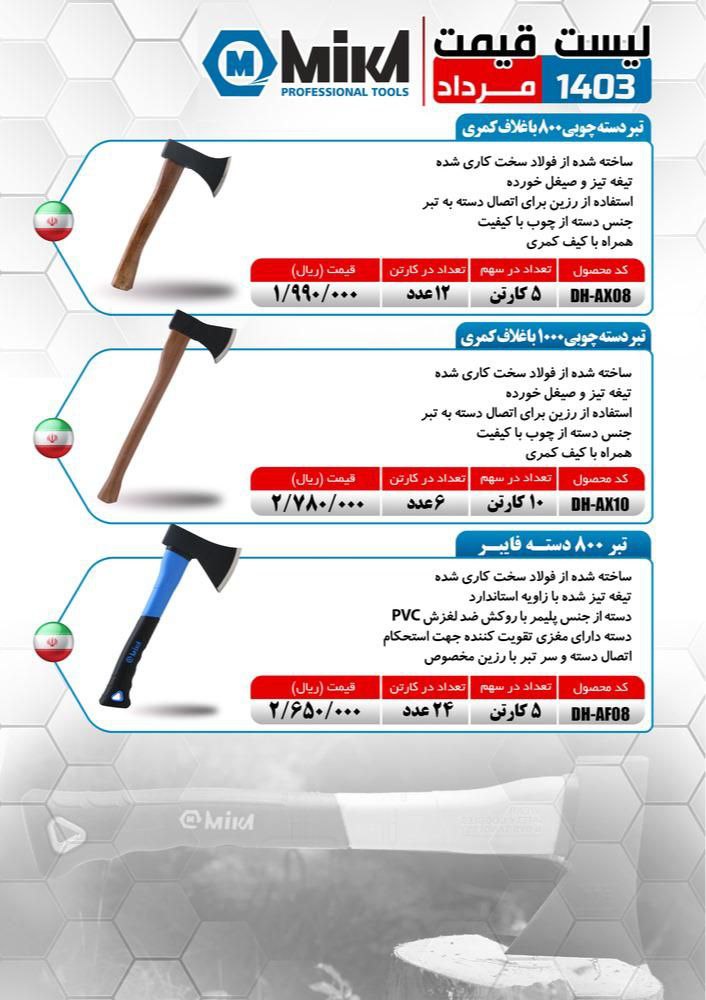 تبر دسته چوبی ۸۰۰ و ۱۰۰۰ گرم میکا موجود شد و آماده توزیع میباشد 