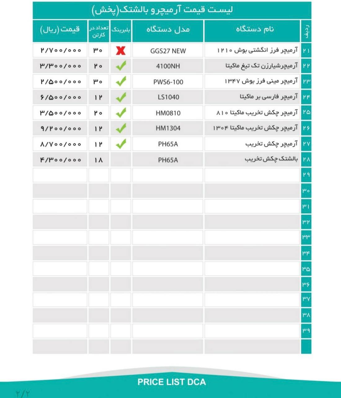 ليست قيمت دي سي اي شهريور 