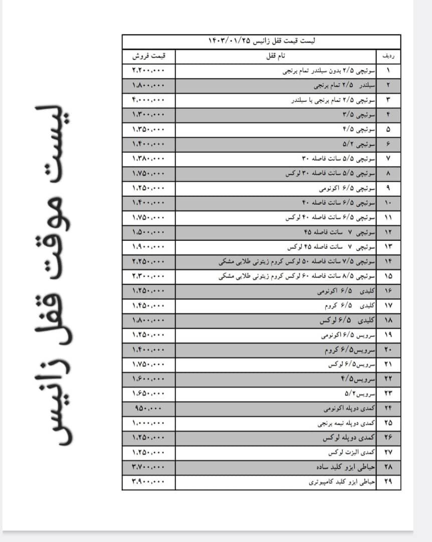 لیست قیمت جدید قفل زانیس