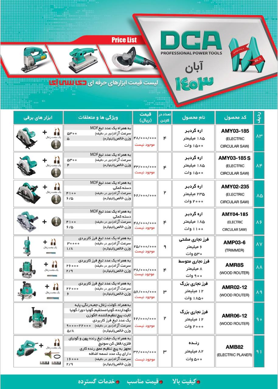 لیست قیمت آبانماه ۱۴۰۳ دی سی ای