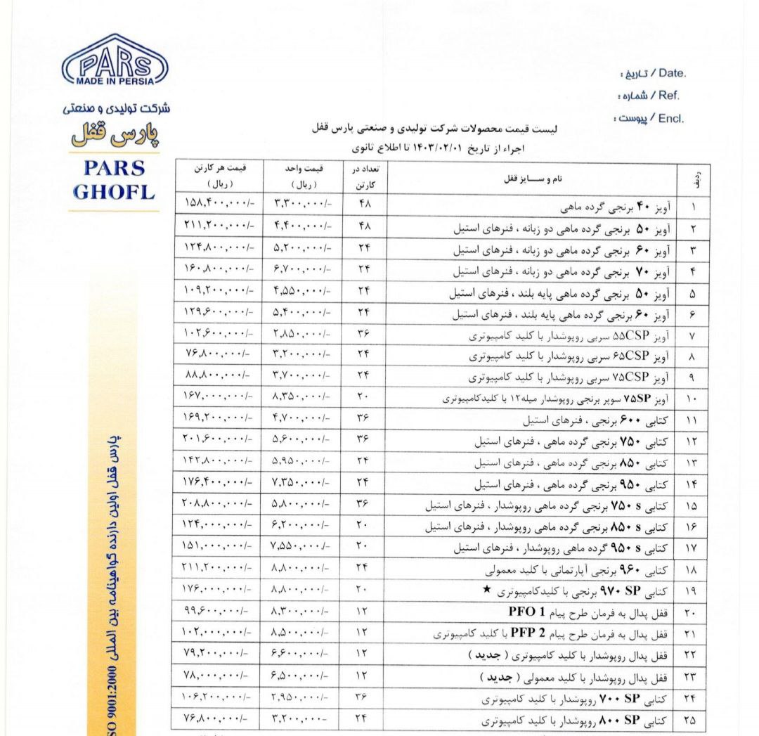 لیست محصولات گروه صنعتی پارس قفل