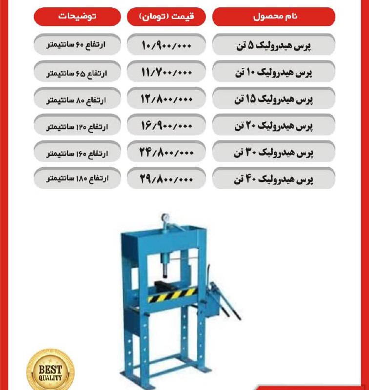 لیست قیمت پرس دروازه ای هیدرولیکی شاهین جک