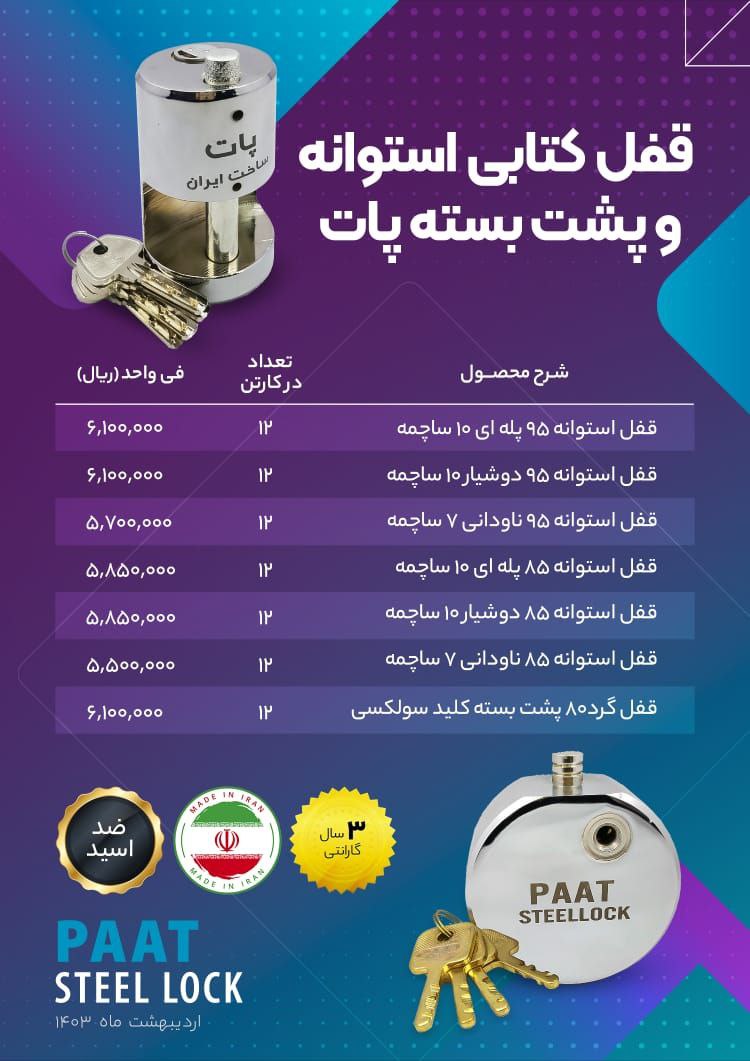 لیست قیمت قفل های استوانه ای و پشت بسته پات 