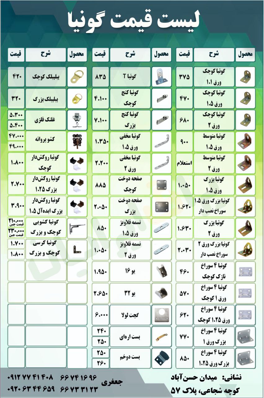 لیست قیمت گونیا کابینتی