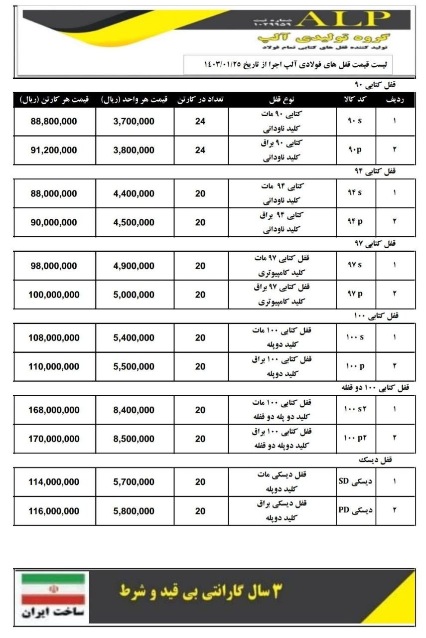 لیست قیمت محصولات تولیدی قفل آلپ