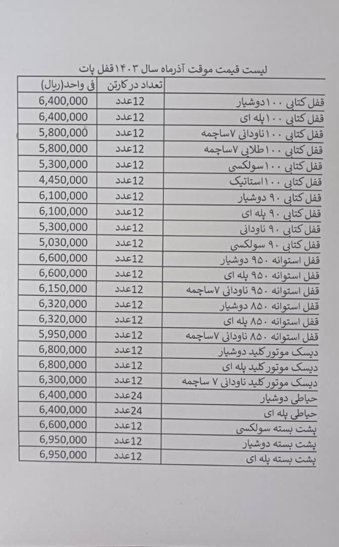 لیست قیمت قفل های کتابی و استوانه و پشت بسته و قفل دیسک موتور پات 