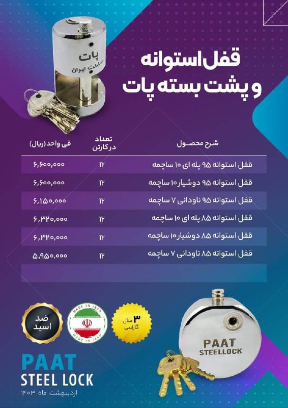 لیست قیمت قفل های استوانه ای و پشت بسته پات 