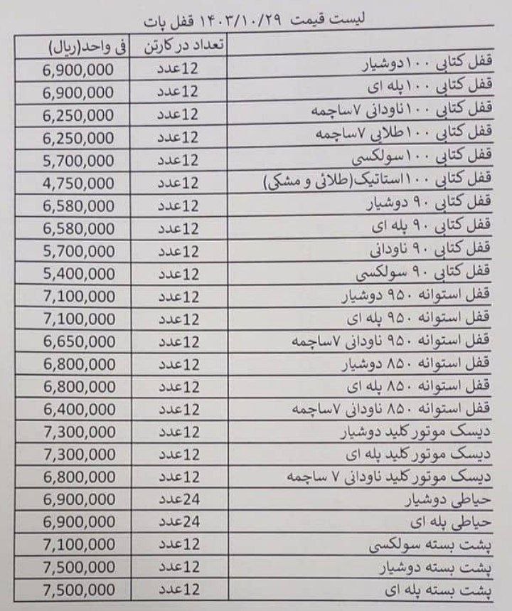 لیست قیمت قفل های کتابی و استوانه و پشت بسته و قفل دیسک موتور پات 