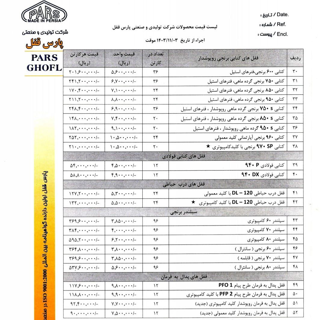 لیست محصولات گروه صنعتی پارس قفل