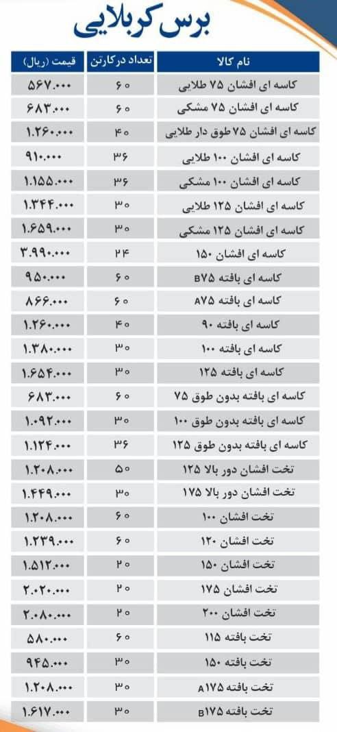  لیست قیمت محصولات کربلائی 